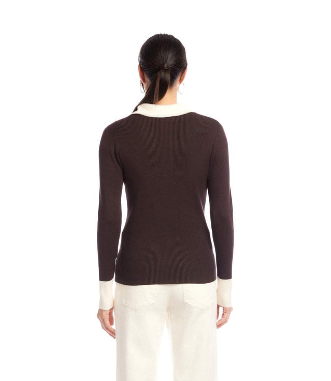 Karen Kane Chocolate With Cream Contrast Ribbed Polo Sweater Karen Kane