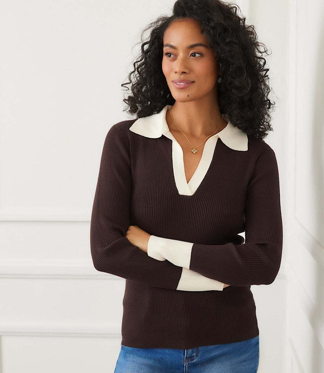 karen kane Chocolate With Cream Contrast Ribbed Polo Sweater Karen Kane