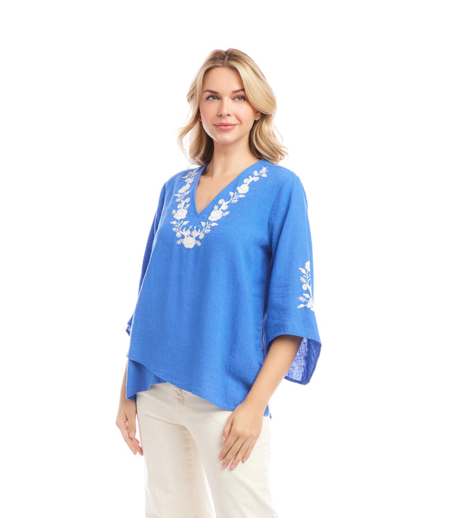 Karen Kane Cornflower Blue Bracelet Sleeve Embroidered Asymmetric Top Karen Kane