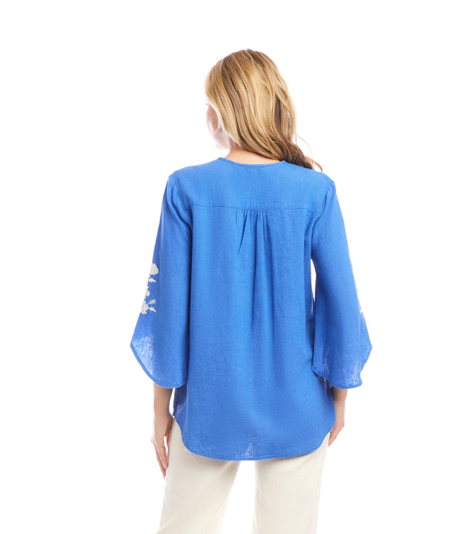 Karen Kane Cornflower Blue Bracelet Sleeve Embroidered Asymmetric Top Karen Kane