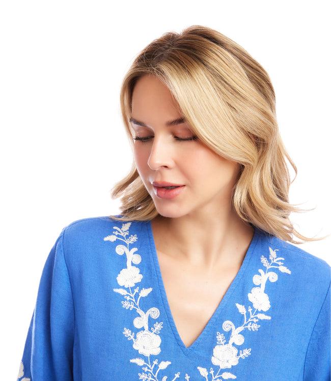 Karen Kane Cornflower Blue Bracelet Sleeve Embroidered Asymmetric Top Karen Kane