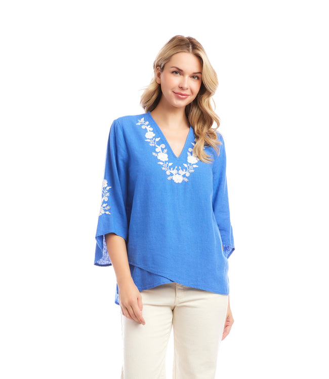 karen kane Cornflower Blue Bracelet Sleeve Embroidered Asymmetric Top Karen Kane