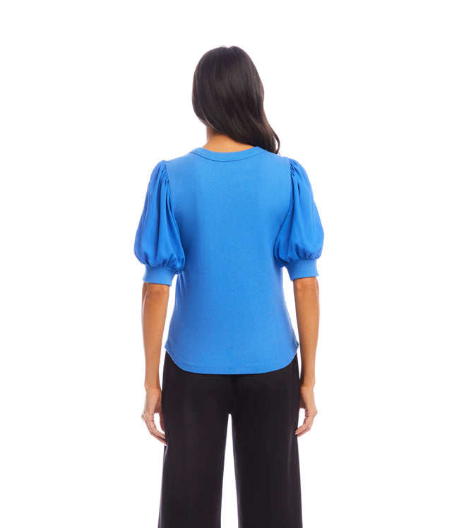 Karen Kane Cornflower Blue Puff Sleeve Contrast Shirttail Top Karen Kane
