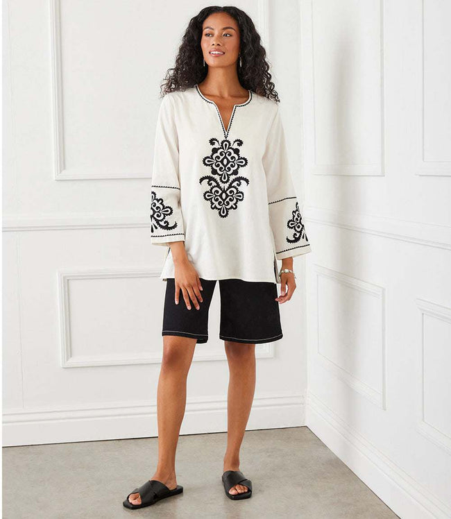 Karen Kane Cream 3/4 Sleeve Embroidered Tunic Karen Kane