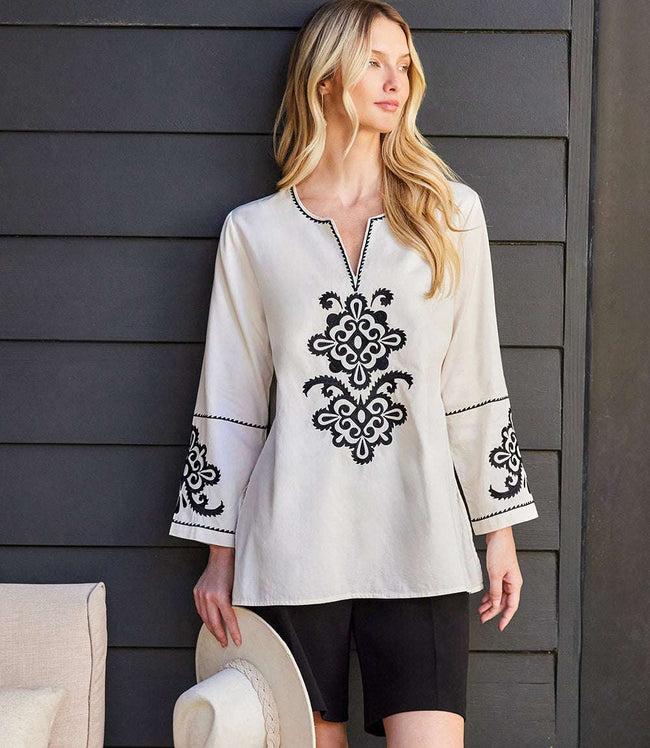 karen kane Cream 3/4 Sleeve Embroidered Tunic Karen Kane