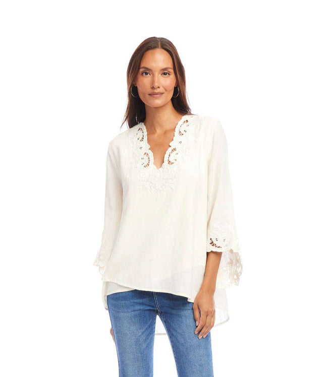 Karen Kane Cream Bracelet Sleeve Embroidered Asymmetric Top Karen Kane