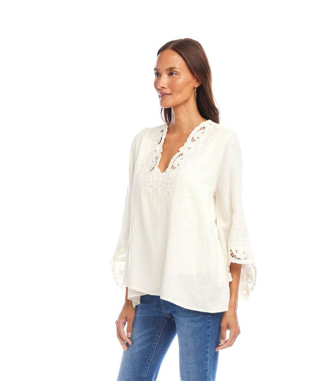 Karen Kane Cream Bracelet Sleeve Embroidered Asymmetric Top Karen Kane