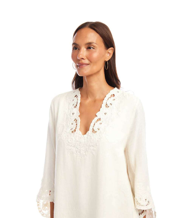 Karen Kane Cream Bracelet Sleeve Embroidered Asymmetric Top Karen Kane