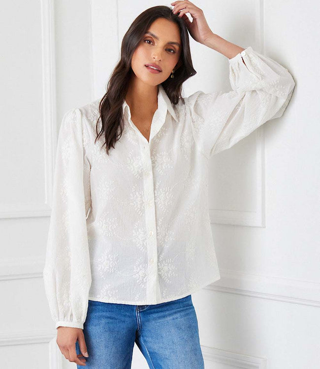 Karen Kane Cream Embellished Puff Sleeve Shirt Karen Kane