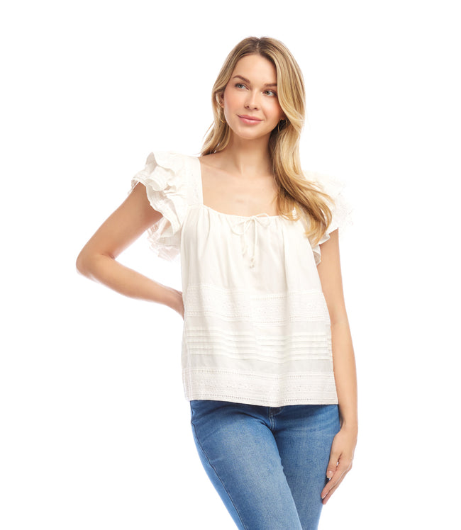 Karen Kane Cream Embroidered Ruffle Sleeve Blouse Karen Kane