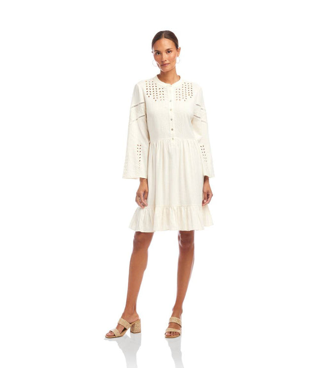 Karen Kane Cream Flare Sleeve Embroidered Tiered Dress Karen Kane