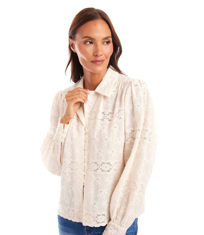 Karen Kane Cream Long Sleeve Embroidered Blouse Karen Kane