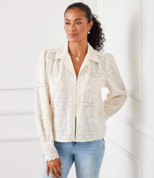 karen kane Cream Long Sleeve Embroidered Blouse Karen Kane