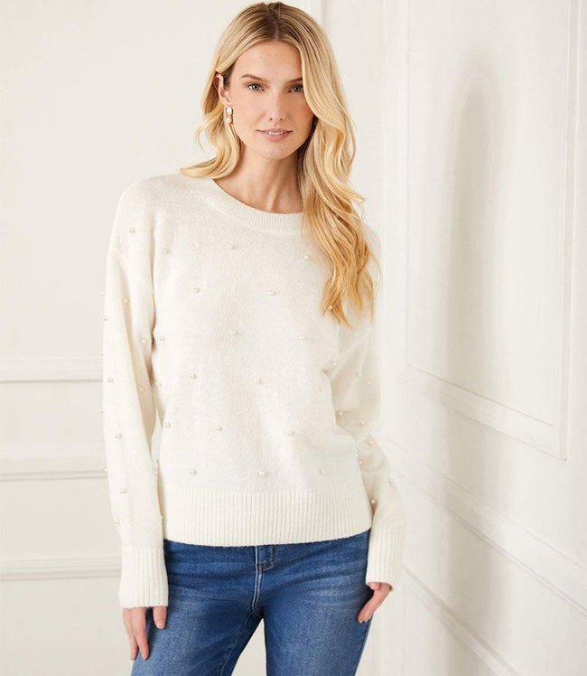 Karen Kane Cream Petite Size Pearl Crewneck Sweater Karen Kane