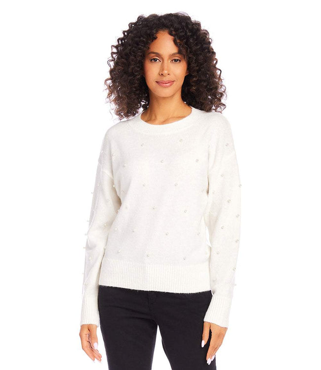 Karen Kane Cream Petite Size Pearl Crewneck Sweater Karen Kane