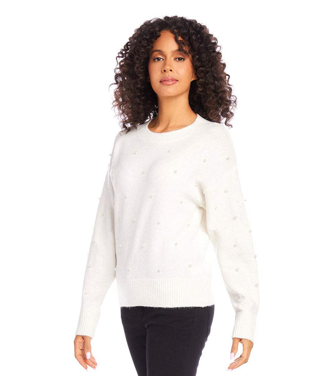 Karen Kane Cream Petite Size Pearl Crewneck Sweater Karen Kane