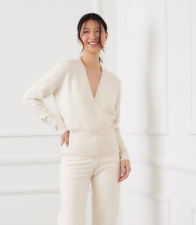 karen kane Cream Petite Size Pearl Wrap Sweater Karen Kane