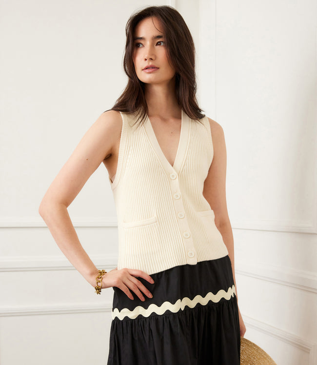karen kane Cream Ribbed Button Sweater Vest Karen Kane