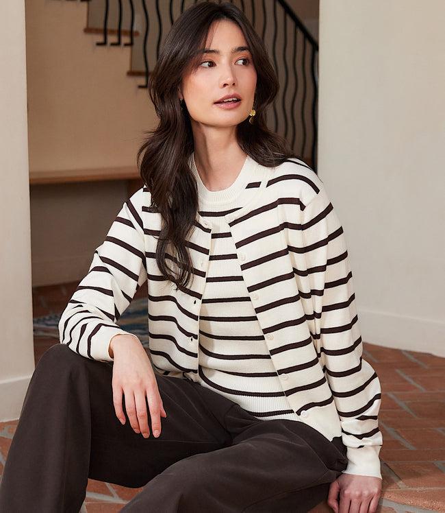Karen Kane Cream Stripe Cardigan Sweater Karen Kane