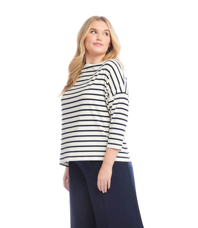 Karen Kane Cream With Navy Plus Size Stripe 3/4 Sleeve Boatneck Top Karen Kane