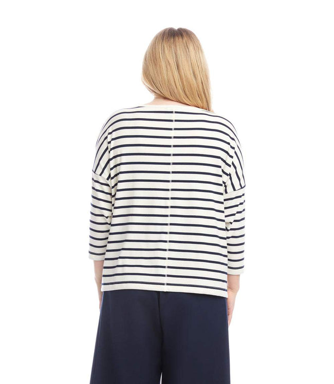 Karen Kane Cream With Navy Plus Size Stripe 3/4 Sleeve Boatneck Top Karen Kane
