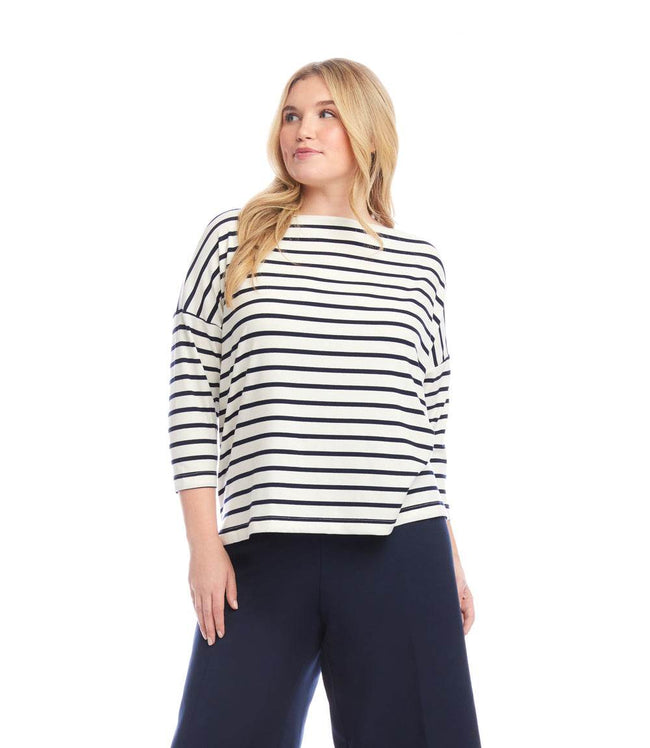 karen kane Cream With Navy Plus Size Stripe 3/4 Sleeve Boatneck Top Karen Kane