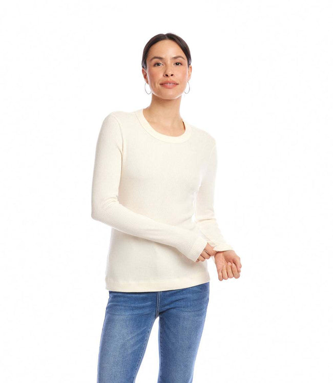 Karen Kane Dark Cream Long Sleeve Ribbed Crewneck Top Karen Kane