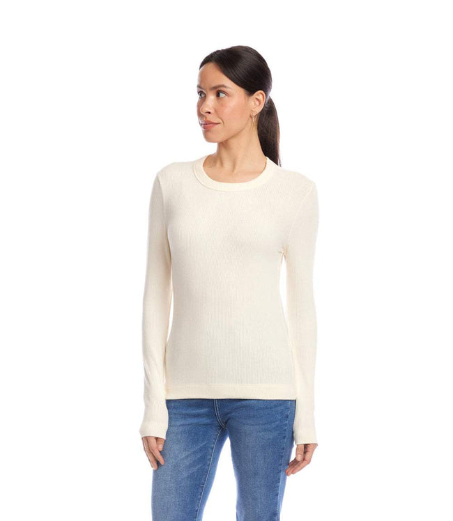 Karen Kane Dark Cream Long Sleeve Ribbed Crewneck Top Karen Kane