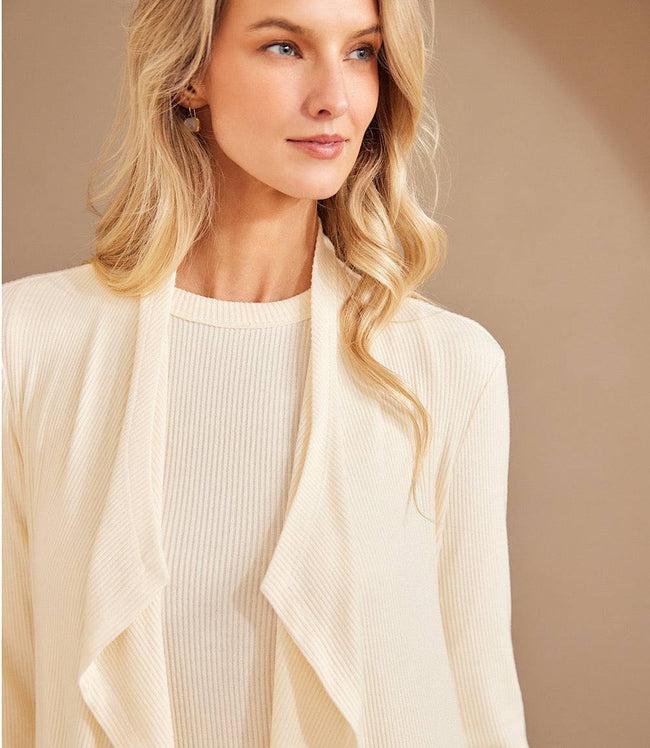 Karen Kane Dark Cream Long Sleeve Ribbed Drape Front Cardigan Karen Kane