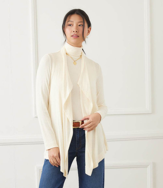 Karen Kane Dark Cream Long Sleeve Ribbed Drape Front Cardigan Karen Kane