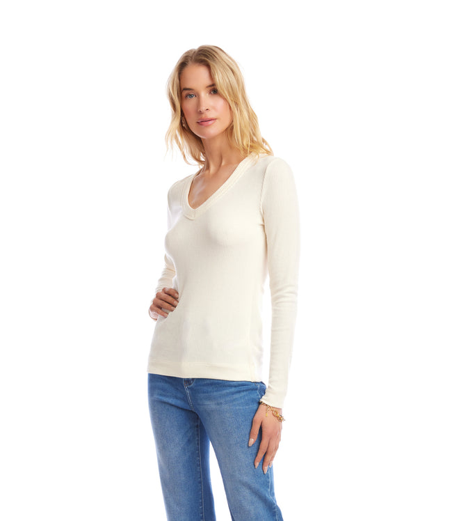 Karen Kane Dark Cream Long Sleeve Ribbed V-Neck Top Karen Kane