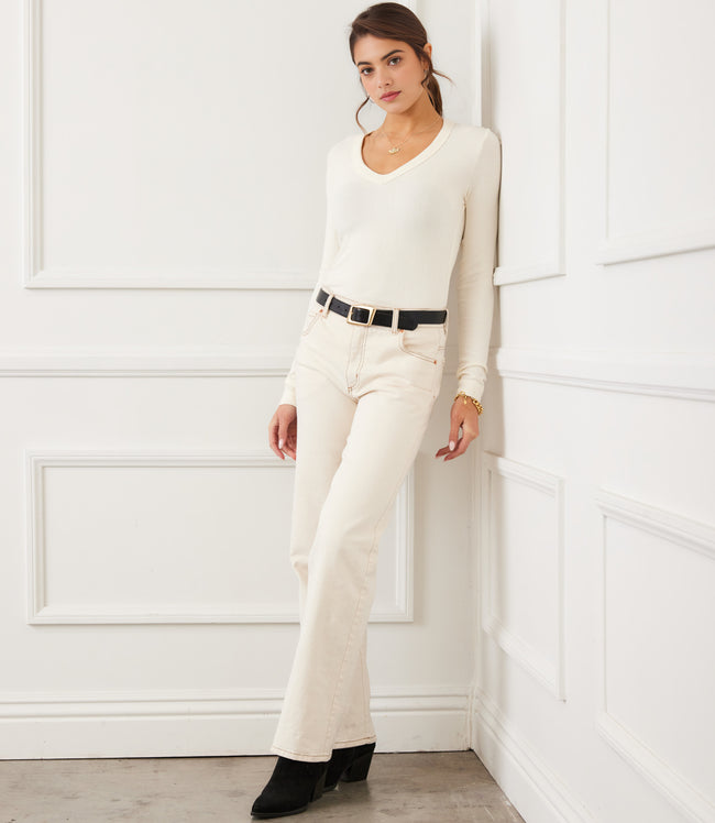 Karen Kane Dark Cream Long Sleeve Ribbed V-Neck Top Karen Kane