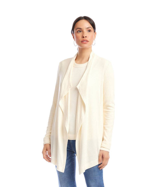 Karen Kane Dark Cream Petite Size Long Sleeve Ribbed Drape Front Cardigan Karen Kane