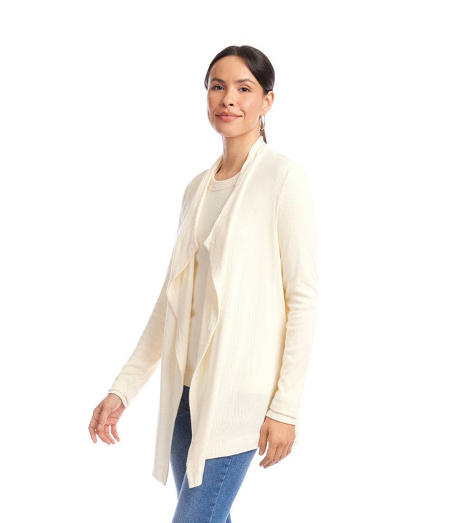 Karen Kane Dark Cream Petite Size Long Sleeve Ribbed Drape Front Cardigan Karen Kane