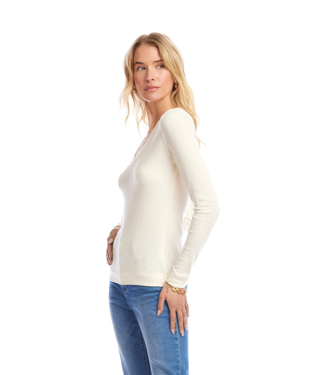 Karen Kane Dark Cream Petite Size Long Sleeve Ribbed V-Neck Top Karen Kane