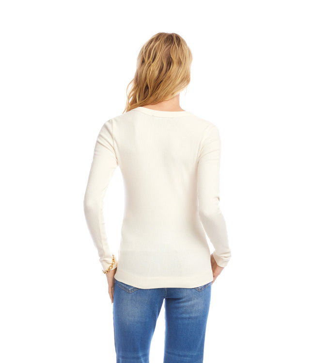 Karen Kane Dark Cream Petite Size Long Sleeve Ribbed V-Neck Top Karen Kane