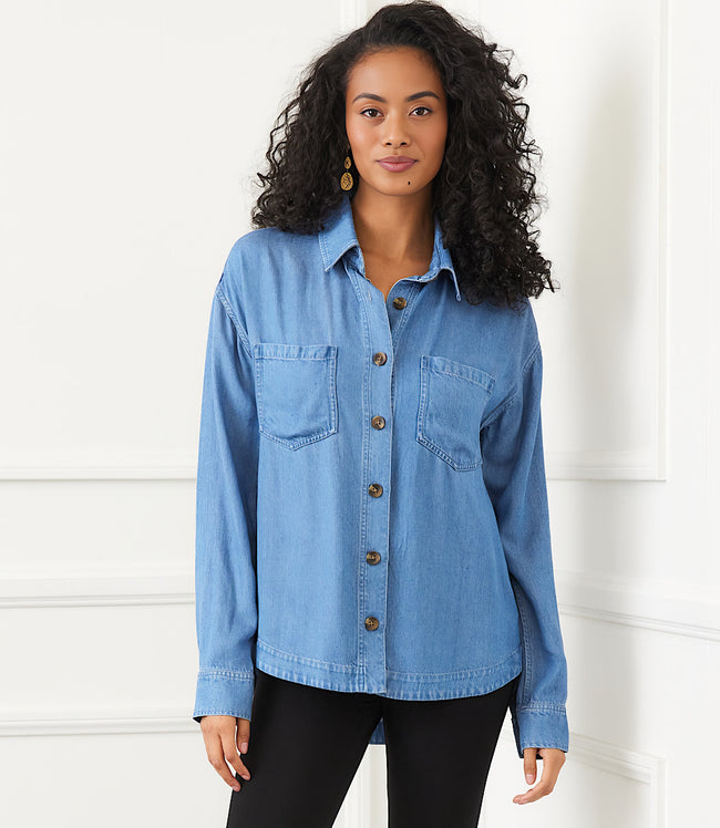 Karen Kane Denim Long Sleeve Soft Denim Shirt Jacket Karen Kane