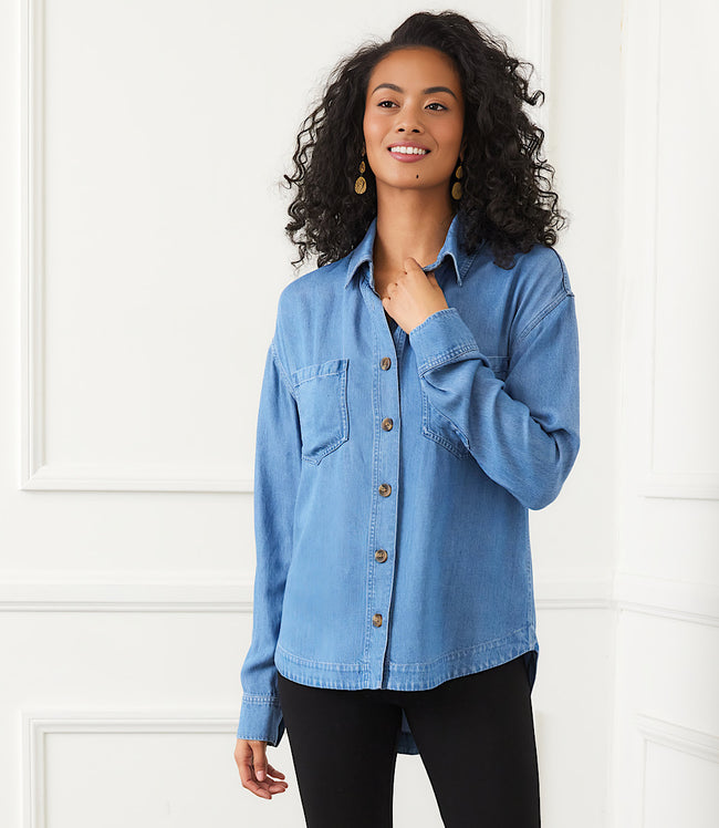 Karen Kane Denim Long Sleeve Soft Denim Shirt Jacket Karen Kane