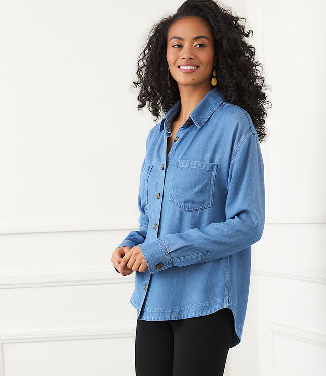 karen kane Denim Long Sleeve Soft Denim Shirt Jacket Karen Kane