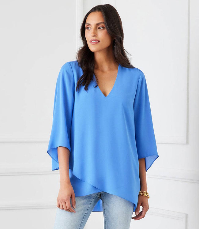 karen kane Dusty Blue Bracelet Sleeve Asymmetric Top Karen Kane