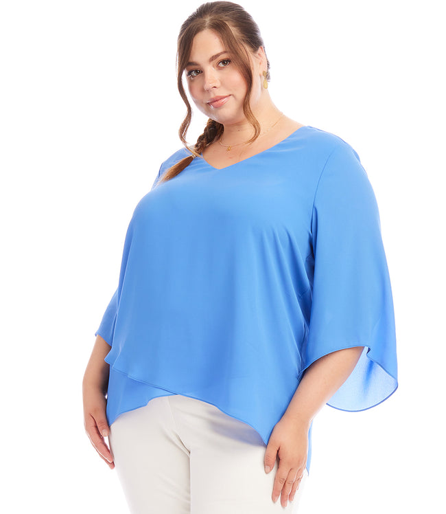 Karen Kane Dusty Blue Plus Size Bracelet Sleeve Asymmetric Top Karen Kane