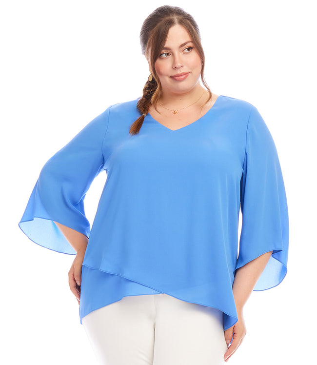 karen kane Dusty Blue Plus Size Bracelet Sleeve Asymmetric Top Karen Kane