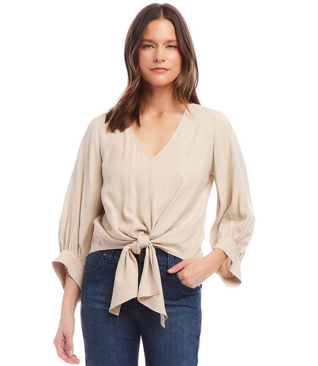 Karen Kane Ecru Blouson Sleeve Tie-Front Top Karen Kane