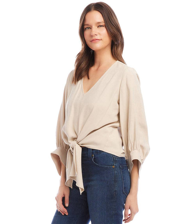 Karen Kane Ecru Blouson Sleeve Tie-Front Top Karen Kane
