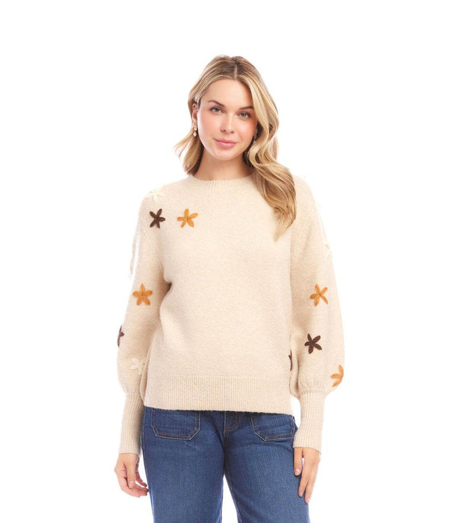 karen Kane Ecru Embroidered Flower Sweater Karen Kane
