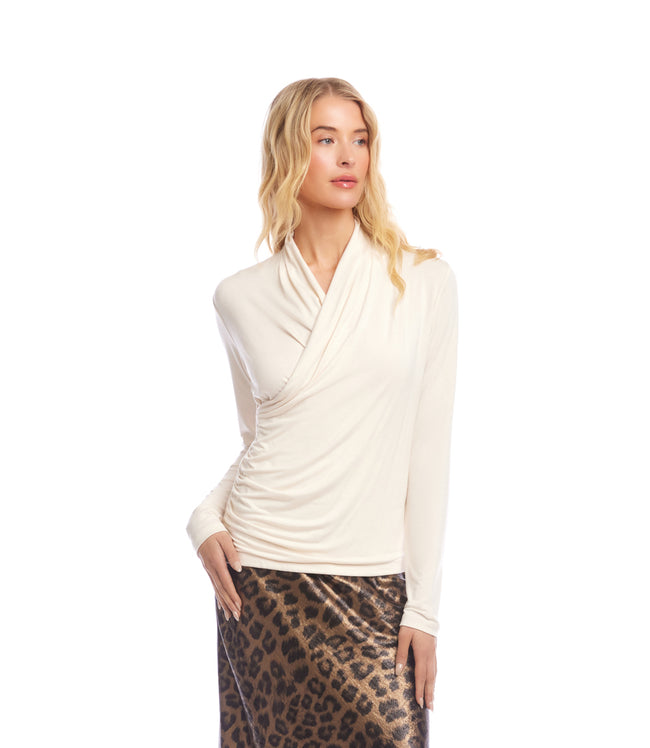 Karen Kane Ecru Petite Size Long Sleeve Crossover Side-Shirred Top Karen Kane