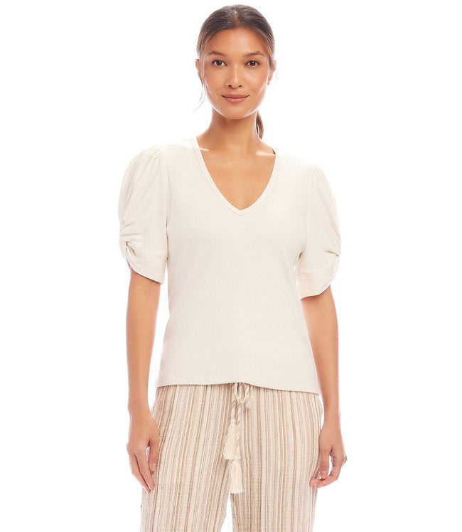 Karen Kane Ecru Petite Size Ribbed Twist Sleeve V-Neck Top Karen Kane