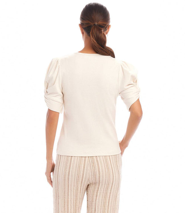 Karen Kane Ecru Petite Size Ribbed Twist Sleeve V-Neck Top Karen Kane