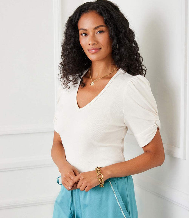 karen kane Ecru Petite Size Ribbed Twist Sleeve V-Neck Top Karen Kane