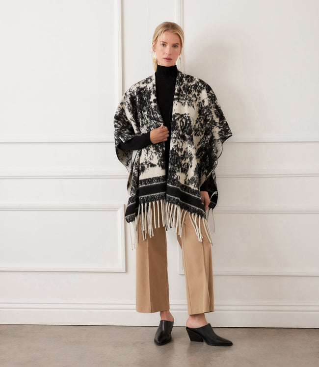 Karen Kane Ecru With Black Brushed Jacquard Knit Fringe Poncho Karen Kane